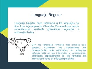 Lenguaje Regular
Lenguaje Regular hace referencia a los lenguajes de
tipo 3 en la jerarquía de Chomsky. Es aquel que puede
representarse mediante gramáticas regulares y
autómatas finitos.
Son los lenguajes formales más simples que
existen. Contienen los mecanismos de
representación más estudiados, su aplicación
práctica está en los interpretes y compiladores,
enfocados especialmente en los formatos de
información como los microcomponentes.
 
