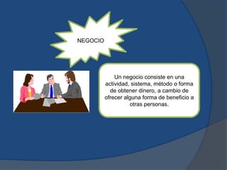 NEGOCIO




              Un negocio consiste en una
          actividad, sistema, método o forma
            de obtener dinero, a cambio de
          ofrecer alguna forma de beneficio a
                    otras personas.
 