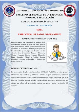 J UNIVERSIDAD NACIONAL DE CHIMBORAZO
FACULTAD DE CIENCIAS DE LA EDUCACIÓN
HUMANAS, Y TEGNOLOGÍAS
CARRERA DE PSICOLOGÍA EDUCATIVA
GRUPO # 14 EXPOSICION
TEMA
ESTRUCTURA DE DATOS INFORMATIVOS
PLANIFICACIÓN CURRICULAR ANUAL (PCA)
Es un documento que corresponde al segundo nivel
de concreción curricular y aporta una visión general
de lo que se trabajará durante todo el año escolar; este
documento es el resultado del trabajo en equipo de
las autoridades y el grupo de docentes de las
diferentes áreas (Matemática, Lengua y Literatura,
Ciencias Naturales, Ciencias Sociales, Educación
Física, Educación Cultural y Artística, Lengua
Extranjera), expertos profesionales, y docentes de
Educación Inicial.
DESCRIPCION DE LA CLASE
En la exposición dirigida por el compañero ESTEBAN PAREDES, se pudo apreciar
información muy detallada y sintetizada. Además, se pudo comprender y entender
aspectos muy relevantes acerca de los datos informativos y algo acerca de lo que es el
PCA. La exposición cumplía con los establecimientos solicitados por el docente las
mismas que refiere a la presentación, material de apoyo, y captar la atención del
auditorio.
 