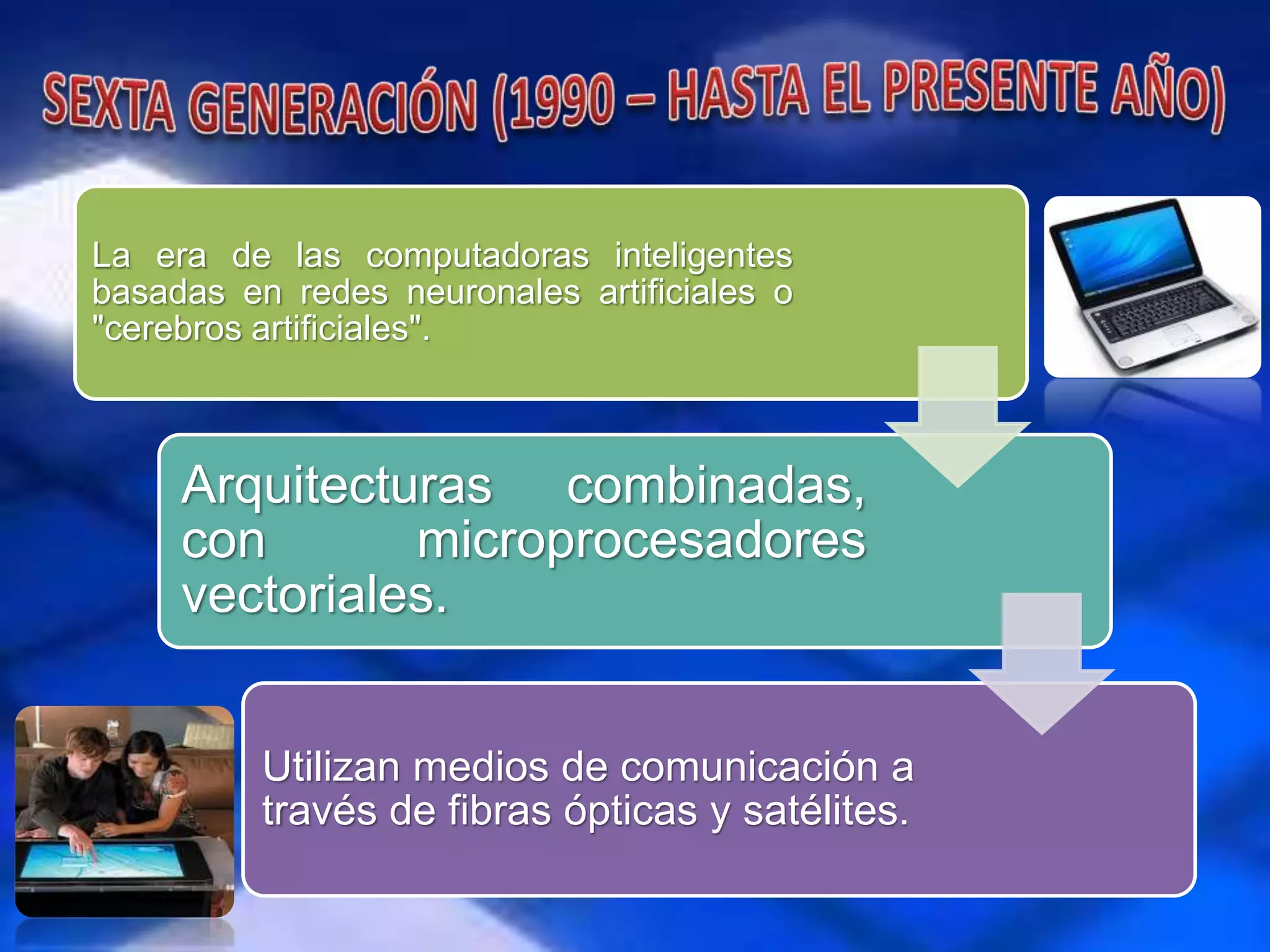 La era de las computadoras inteligentes
basadas en redes neuronales artificiales o
"cerebros artificiales".
Arquitecturas combinadas,
con microprocesadores
vectoriales.
Utilizan medios de comunicación a
través de fibras ópticas y satélites.