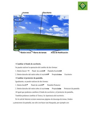 • Cambiar el fondo de escritorio. 
Se puede realizar la operación del cambio de dos formas: 
1. Botón Inicio Panel de control Pantalla Escritorio 
2. Botón derecho del ratón sobre el escritorio Propiedades Escritorio 
• Cambiar el protector de pantalla. 
Igualmente, se puede realizar de dos formas: 
1. Botón Inicio Panel de control Pantalla Protector 
2. Botón derecho del ratón sobre el escritorio Propiedades Protector de pantalla 
Al igual que podemos cambiar el fondo de escritorio y el protector de pantalla, 
También podemos cambiar el Tema y la Apariencia del escritorio. 
En la red de Internet existen numerosas páginas de descarga de temas, fondos 
y protectores de pantalla, tan sólo con hacer una búsqueda, por ejemplo con 
 