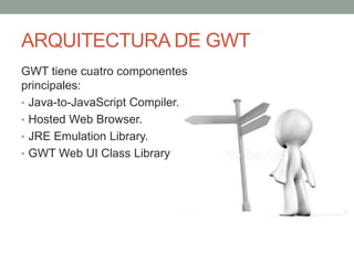 ARQUITECTURA DE GWT
GWT tiene cuatro componentes
principales:
• Java-to-JavaScript Compiler.
• Hosted Web Browser.
• JRE Emulation Library.
• GWT Web UI Class Library
 