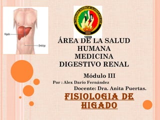 ÁREA DE LA SALUD HUMANA MEDICINA DIGESTIVO RENAL Módulo III Por : Alex Darío Fernández Docente: Dra. Anita Puertas. FISIOLOGIA DE HIGADO