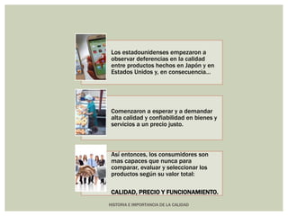 Los estadounidenses empezaron a 
observar deferencias en la calidad 
entre productos hechos en Japón y en 
Estados Unidos y, en consecuencia… 
Comenzaron a esperar y a demandar 
alta calidad y confiabilidad en bienes y 
servicios a un precio justo. 
Así entonces, los consumidores son 
mas capaces que nunca para 
comparar, evaluar y seleccionar los 
productos según su valor total: 
CALIDAD, PRECIO Y FUNCIONAMIENTO. 
HISTORIA E IMPORTANCIA DE LA CALIDAD 
 