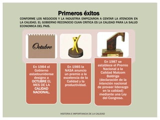 Primeros éxitos 
CONFORME LOS NEGOCIOS Y LA INDUSTRIA EMPEZARON A CENTAR LA ATENCION EN 
LA CALIDAD, EL GOBIERNO RECONOCIO CUAN CRITICA ES LA CALIDAD PARA LA SALUD 
ECONOMICA DEL PAIS. 
HISTORIA E IMPORTANCIA DE LA CALIDAD 
En 1984 el 
Gobierno 
estadounidense 
designo a 
OCTUBRE EL 
MES DE LA 
CALIDAD 
NACIONAL. 
En 1985 la 
NASA anuncio 
un premio a la 
excelencia de la 
Calidad y la 
productividad. 
En 1987 se 
establece el Premio 
Nacional a la 
Calidad Malcom 
Baldrige 
(declaración de la 
intención nacional 
de proveer liderazgo 
en la calidad) 
mediante una Ley 
del Congreso. 
 