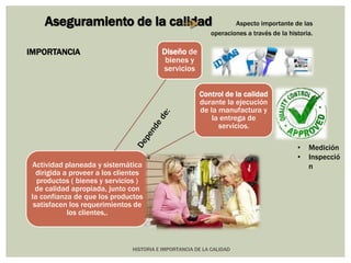 Aseguramiento de la calidad Aspecto importante de las 
operaciones a través de la historia. 
Actividad planeada y sistemática 
dirigida a proveer a los clientes 
productos ( bienes y servicios ) 
de calidad apropiada, junto con 
la confianza de que los productos 
satisfacen los requerimientos de 
HISTORIA E IMPORTANCIA DE LA CALIDAD 
los clientes,. 
Diseño de 
bienes y 
servicios 
Control de la calidad 
durante la ejecución 
de la manufactura y 
la entrega de 
servicios. 
• Medición 
• Inspecció 
n 
IMPORTANCIA 
 