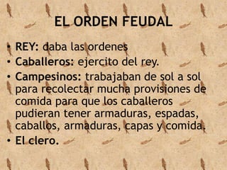 EL ORDEN FEUDAL 
• REY: daba las ordenes 
• Caballeros: ejercito del rey. 
• Campesinos: trabajaban de sol a sol 
para recolectar mucha provisiones de 
comida para que los caballeros 
pudieran tener armaduras, espadas, 
caballos, armaduras, capas y comida. 
• El clero. 
 