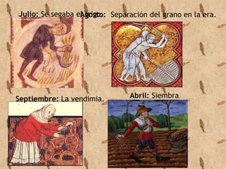 Julio: Se segaba eAl gtroisgtoo.: Separación del grano en la era. 
Septiembre: La vendimia. Abril: Siembra. 
 