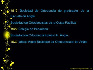 • 1913 Sociedad de Ortodoncia de graduados de la
Escuela de Angle
• Sociedad de Ortodoncistas de la Costa Pacifica
• 1922 Colegio de Pasadena
• Sociedad de Ortodoncia Edward H. Angle
• 1930 fallece Angle Sociedad de Ortodoncistas de Angle
 