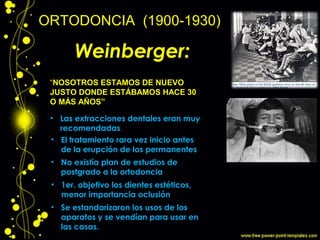 • El tratamiento rara vez inicio antes
de la erupción de los permanentes
• No existía plan de estudios de
postgrado a la ortodoncia
• Las extracciones dentales eran muy
recomendadas.
• 1er. objetivo los dientes estéticos,
menor importancia oclusión
ORTODONCIA (1900-1930)
• Se estandarizaron los usos de los
aparatos y se vendían para usar en
las casas.
“NOSOTROS ESTAMOS DE NUEVO
JUSTO DONDE ESTÁBAMOS HACE 30
O MÁS AÑOS”
Weinberger:
 