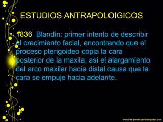 ESTUDIOS ANTRAPOLOIGICOS
• 1836 Blandin: primer intento de describir
el crecimiento facial, encontrando que el
proceso pterigoideo copia la cara
posterior de la maxila, así el alargamiento
del arco maxilar hacia distal causa que la
cara se empuje hacia adelante.
 