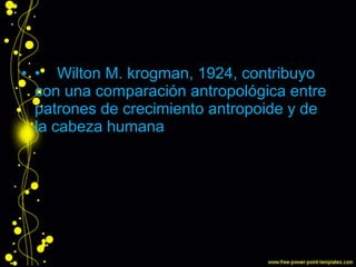 • • Wilton M. krogman, 1924, contribuyo
con una comparación antropológica entre
patrones de crecimiento antropoide y de
la cabeza humana
 