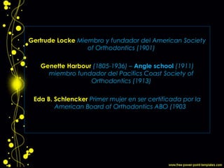 Gertrude Locke Miembro y fundador del American Society
of Orthodontics (1901)
Genette Harbour (1805-1936) – Angle school (1911)
miembro fundador del Pacifics Coast Society of
Orthodontics (1913)
Eda B. Schlencker Primer mujer en ser certificada por la
American Board of Orthodontics ABO (1903)
 