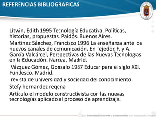 REFERENCIAS BIBLIOGRAFICAS
Litwin, Edith 1995 Tecnología Educativa. Políticas,
historias, propuestas. Paidós. Buenos Aires.
Martínez Sánchez, Francisco 1996 La enseñanza ante los
nuevos canales de comunicación. En Tejedor, F. y A.
García Valcárcel, Perspectivas de las Nuevas Tecnologías
en la Educación. Narcea. Madrid.
Vázquez Gómez, Gonzalo 1987 Educar para el siglo XXI.
Fundesco. Madrid.
revista de universidad y sociedad del conocimiento
Stefy hernandez reqena
Articulo el modelo constructivista con las nuevas
tecnologías aplicado al proceso de aprendizaje.
 