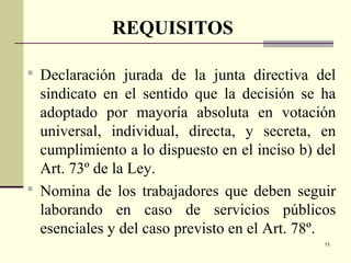 11
 Declaración jurada de la junta directiva del
sindicato en el sentido que la decisión se ha
adoptado por mayoría absoluta en votación
universal, individual, directa, y secreta, en
cumplimiento a lo dispuesto en el inciso b) del
Art. 73º de la Ley.
 Nomina de los trabajadores que deben seguir
laborando en caso de servicios públicos
esenciales y del caso previsto en el Art. 78º.
REQUISITOS
 