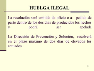 18
La resolución será emitida de oficio o a pedido de
parte dentro de los dos días de producidos los hechos
y podrá ser apelada
La Dirección de Prevención y Solución, resolverá
en el plazo máximo de dos días de elevados los
actuados
HUELGA ILEGAL
 