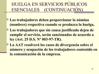 20
HUELGA EN SERVICIOS PÚBLICOS
ESENCIALES (CONTINUACIÓN)
 Los trabajadores deben proporcionar la nómina
(nombres) respectiva cuando se produzca la huelga.
 Los trabajadores que sin causa justificada dejen de
cumplir el servicio, serán sancionados de acuerdo a
ley (Art. 25 D.S. Nº 003-97-TR).
 La AAT resolverá los casos de divergencia sobre el
número y ocupación de los trabajadores contenido en
la comunicación de la empresa.
 