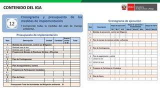 CONTENIDO DEL IGA
Cronograma y presupuesto de las
medidas de implementación
• Comprende todas la medidas del plan de manejo
ambiental.
Ítem Descripción
Etapa de ejecución
Etapa de operación y
mantenimiento
Etapa de Cierre
M-1 M-2 M-3 Año-01 Año-02 Año… Año 01 Año 02
1 Medidas de prevención, control y/o Mitigación
1.1.
1.2.
2 Plan de manejo de residuos sólidos y efluentes
2.1. ….
2.2. ….
3 Plan de Contingencias
3.1. ….
3.2. ….
4 Plan de seguimiento y control
4.1 calidad de aire
4.2 calidad de agua
4.3 …..
5 Programa de Participación Ciudadana
5.1 ….
5.2 ….
6 Plan de Cierre
6.1 ….
Ítem Descripción Unidad Cantidad
Precio
Unitar
io S/.
Total
1 Medidas de prevención, control y/o Mitigación
1.1. Medidas para el aire
1.2. Medidas para el suelo
2 Programa de Manejo de Residuos Sólidos y Efluentes
2.1. ….
2.2. ….
3 Plan de Contingencias
3.1. ….
3.2. ….
4 Plan de seguimiento y control
4.1
5 Programa de Participación Ciudadana
5.1. ….
5.2. ….
6 Plan de Cierre
6.1. ….
6.2. ….
Presupuesto Total de Actividades de Mitigación ambiental S/
Presupuesto de implementación
Cronograma de ejecución
 