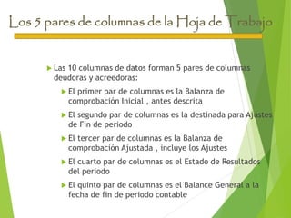 Los 5 pares de columnas de la Hoja de Trabajo
 Las 10 columnas de datos forman 5 pares de columnas
deudoras y acreedoras:
 El primer par de columnas es la Balanza de
comprobación Inicial , antes descrita
 El segundo par de columnas es la destinada para Ajustes
de Fin de periodo
 El tercer par de columnas es la Balanza de
comprobación Ajustada , incluye los Ajustes
 El cuarto par de columnas es el Estado de Resultados
del periodo
 El quinto par de columnas es el Balance General a la
fecha de fin de periodo contable
 