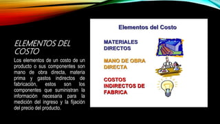 ELEMENTOS DEL
COSTO
Los elementos de un costo de un
producto o sus componentes son
mano de obra directa, materia
prima y gastos indirectos de
fabricación, estos son los
componentes que suministran la
información necesaria para la
medición del ingreso y la fijación
del precio del producto.
 