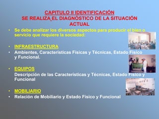 CAPITULO II IDENTIFICACIÓN
SE REALIZA EL DIAGNÓSTICO DE LA SITUACIÓN
ACTUAL
• Se debe analizar los diversos aspectos para producir el bien o
servicio que requiere la sociedad:
• INFRAESTRUCTURA
• Ambientes, Características Físicas y Técnicas, Estado Físico
y Funcional.
• EQUIPOS
Descripción de las Características y Técnicas, Estado Físico y
Funcional
• MOBILIARIO
• Relación de Mobiliario y Estado Físico y Funcional
 