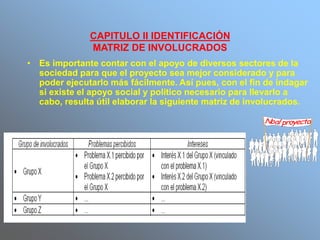 CAPITULO II IDENTIFICACIÓN
MATRIZ DE INVOLUCRADOS
• Es importante contar con el apoyo de diversos sectores de la
sociedad para que el proyecto sea mejor considerado y para
poder ejecutarlo más fácilmente. Así pues, con el fin de indagar
si existe el apoyo social y político necesario para llevarlo a
cabo, resulta útil elaborar la siguiente matriz de involucrados.
No proyectoal
 