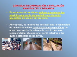 CAPITULO III FORMULACIÓN Y EVALUACIÓN
ANÁLISIS DE LA DEMANDA
• En esta sección se deben estimar y proyectar los
servicios que serán demandados en el ámbito
geográfico de acción del proyecto.
• Al respecto, es importante destacar que la estimación
de la demanda tiene particularidades específicas de
acuerdo al sector de referencia, por lo que será
recomendable, al elaborar el perfil, referirse a las
guías sectoriales respectivas.
 