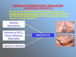 CAPITULO III FORMULACIÓN Y EVALUACIÓN
COSTOS DEL PROYECTO
• En este punto el Estudio presenta en primer lugar, los
costos de la Inversión Inicial, estos deben considerar todas
las formas de aporte (esquema de financiamiento), sino se
cae en un fraccionamiento:
Aportes
Monetarios
Aportes en M.O.,
Horas Máquina,
Materiales
PROYECTO
Aporte en Activos
 
