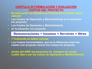 CAPITULO III FORMULACIÓN Y EVALUACIÓN
COSTOS DEL PROYECTO
• En este punto los Estudios de Preinversión también deben
calcular:
• Los Costos de Operación y Mantenimiento en la situación
sin proyecto.
• Los Costos de Operación y Mantenimiento
• en la situación con proyecto.
• Y finalmente se deben calcular
• Los Costos Incrementales, que es la diferencia entre los
costos con proyecto menos los costos sin proyecto.
• (Antes del SNIP, los proyectos no tomaban en cuenta
cuales iban a ser los costos de Operación y Mantenimiento)
Remuneraciones + Insumos + Servicios + Otros
 