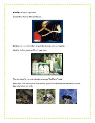 Candy is made of sugar cane.
We can find them in different flavors.




Sanduche is a special mixture prepared with sugar cane and alcohol.

We also find the sweet and fresh sugar cane.




The city also offers several attractions such as “San Martin” zoo.

With more than two hundred fifty animals typical of the Andes and the Amazon, such as:
tigers, tortoises and birds.
 