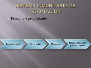  Presenta 4 propiedades
Especificidad Diversidad Memoria
Reconocimiento
propio y ajeno
 