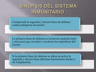 Comprende la segunda y tercera línea de defensa
contra patógenos invasores
La primera línea de defensa es la barrera epitelial (piel
y mucosas) que revisten y recubren las superficies del
cuerpo
Si la primera línea de defensa se altera se activa la
segunda y tercera línea (Sistema Inmunitario Innato y
de Adaptación)
 