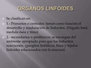  Se clasifican en:
 1.- Primarios o centrales: tienen como función el
desarrollo y maduración de linfocitos. (Hígado fetal,
medula ósea y timo)
 2.- secundarios o periféricos: se encargan del
ambiente apropiado para que los linfocitos
reaccionen. (ganglios linfáticos, bazo y tejidos
linfoides relacionados con la mucosa)
 