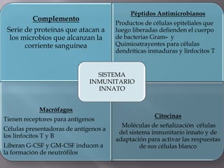 Complemento
Serie de proteínas que atacan a
los microbios que alcanzan la
corriente sanguínea
Péptidos Antimicrobianos
Productos de células epiteliales que
luego liberadas defienden el cuerpo
de bacterias Gram- y
Quimioatrayentes para células
dendríticas inmaduras y linfocitos T
Macrófagos
Tienen receptores para antígenos
Células presentadoras de antígenos a
los linfocitos T y B
Liberan G-CSF y GM-CSF inducen a
la formación de neutrófilos
Citocinas
Moléculas de señalización células
del sistema inmunitario innato y de
adaptación para activar las respuestas
de sus células blanco
SISTEMA
INMUNITARIO
INNATO
 