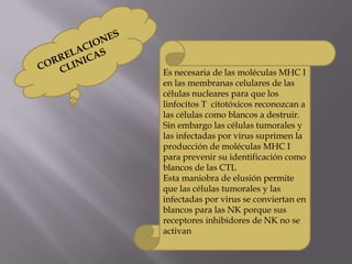 Es necesaria de las moléculas MHC I
en las membranas celulares de las
células nucleares para que los
linfocitos T citotóxicos reconozcan a
las células como blancos a destruir.
Sin embargo las células tumorales y
las infectadas por virus suprimen la
producción de moléculas MHC I
para prevenir su identificación como
blancos de las CTL
Esta maniobra de elusión permite
que las células tumorales y las
infectadas por virus se conviertan en
blancos para las NK porque sus
receptores inhibidores de NK no se
activan
 