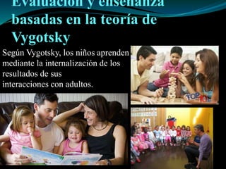 Evaluación y enseñanza
basadas en la teoría de
Vygotsky
Según Vygotsky, los niños aprenden
mediante la internalización de los
resultados de sus
interacciones con adultos.
 