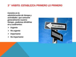 Consiste en la
administración de tiempo y
actividades que consume
generalmente nuestro
tiempo , podemos dividirlas
en 4 cuadrantes:
 Urgente
 No urgente
 Importante
 No importante
3° HÁBITO: ESTABLEZCA PRIMERO LO PRIMERO
 