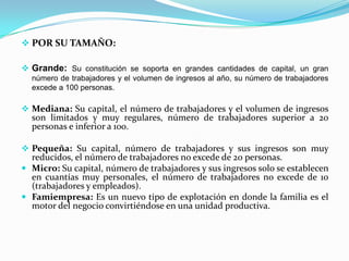  POR SU TAMAÑO:

 Grande: Su constitución se soporta en grandes cantidades de capital, un gran
  número de trabajadores y el volumen de ingresos al año, su número de trabajadores
  excede a 100 personas.

 Mediana: Su capital, el número de trabajadores y el volumen de ingresos
  son limitados y muy regulares, número de trabajadores superior a 20
  personas e inferior a 100.

 Pequeña: Su capital, número de trabajadores y sus ingresos son muy
  reducidos, el número de trabajadores no excede de 20 personas.
 Micro: Su capital, número de trabajadores y sus ingresos solo se establecen
  en cuantías muy personales, el número de trabajadores no excede de 10
  (trabajadores y empleados).
 Famiempresa: Es un nuevo tipo de explotación en donde la familia es el
  motor del negocio convirtiéndose en una unidad productiva.
 