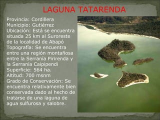 Provincia: Cordillera Municipio: Gutiérrez Ubicación: Está se encuentra situada 25 km al Suroreste de la localidad de Abapó Topografía: Se encuentra entre una región montañosa entre la Serranía Pirirenda y la Serranía Caipipendi  Superficie: 564 ha. Altitud: 700 msnm Grado de Conservación: Se encuentra relativamente bien conservada dado al hecho de tratarse de una laguna de agua sulfurosa y salobre.  LAGUNA TATARENDA 