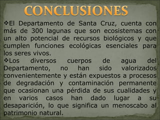 El Departamento de Santa Cruz, cuenta con más de 300 lagunas que son ecosistemas con un alto potencial de recursos biológicos y que cumplen funciones ecológicas esenciales para los seres vivos.  Los diversos cuerpos de agua del Departamento, no han sido valorizados convenientemente y están expuestos a procesos de degradación y contaminación permanente que ocasionan una pérdida de sus cualidades y en varios casos han dado lugar a su desaparición, lo que significa un menoscabo al patrimonio natural.  