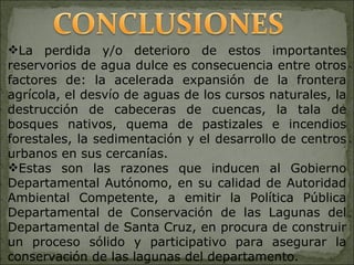 La perdida y/o deterioro de estos importantes reservorios de agua dulce es consecuencia entre otros factores de: la acelerada expansión de la frontera agrícola, el desvío de aguas de los cursos naturales, la destrucción de cabeceras de cuencas, la tala de bosques nativos, quema de pastizales e incendios forestales, la sedimentación y el desarrollo de centros urbanos en sus cercanías. Estas son las razones que inducen al Gobierno Departamental Autónomo, en su calidad de Autoridad Ambiental Competente, a emitir la Política Pública Departamental de Conservación de las Lagunas del Departamental de Santa Cruz, en procura de construir un proceso sólido y participativo para asegurar la conservación de las lagunas del departamento. 