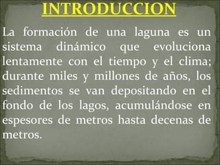 La formación de una laguna es un sistema dinámico que evoluciona lentamente con el tiempo y el clima; durante miles y millones de años, los sedimentos se van depositando en el fondo de los lagos, acumulándose en espesores de metros hasta decenas de metros. INTRODUCCION 