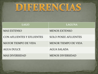 LAGO LAGUNA MAS EXTENSO MENOS EXTENSO CON AFLUENTES Y EFLUENTES SOLO POSEE AFLUENTES MAYOR TIEMPO DE VIDA MENOR TIEMPO DE VIDA AGUA DULCE AGUA SALADA MAS DIVERSIDAD MENOS DIVERSIDAD 