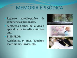 MEMORIA EPISÓDICA
 Registro

autobiográfico de
experiencias personales.
 Almacena hechos de la vida o
episodios día tras día – año tras
año.
 EJEMPLOS:
Accidentes, 15 años, bautizos,
matrimonio, lluvias, etc.

 