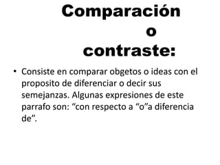 Comparación
o
contraste:
• Consiste en comparar obgetos o ideas con el
proposito de diferenciar o decir sus
semejanzas. Algunas expresiones de este
parrafo son: “con respecto a “o”a diferencia
de”.

 