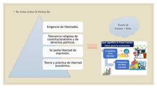 ◦ Se toma como la forma de:
Exigencia de libertades.
Tolerancia religiosa de
constitucionalismo y de
derechos políticos.
Se pedía libertad de
expresión.
Teoría y práctica de libertad
económica.
Teoría de
Laissez – faire.
 