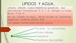 LIPIDOS Y AGUA. 
LIPIDOS: LIPIDOS: CARACTERSITICAS QUIMICAS: Son 
biomolecular formadas por C, H, Y O siempre y a veces 
llevan P y/o N. 
No son solubles en agua, siendo solubles en disolventes 
orgánicos : Acetona, Etanol, Eter . 
`Los lípidos mal llamados también grasas. 
Aceites no comestibles 
Ácidos biliares 
Colesterol 
Vitaminas liposolubles 
 