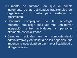  Aumento de tamaño, en que el simple
incremento de las actividades tradicionales del
organización no basta para sostener su
crecimiento.
 Creciente complejidad de la tecnología
moderna, que exige cada vez más una mayor
integración entre actividades y personas
altamente especializadas.
 Cambios radicales en el comportamiento
administrativo y en filosofía de los negocios, que
imponen la necesidad de dar mayor flexibilidad a
al organización
 