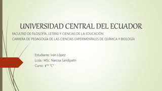 UNIVERSIDAD CENTRAL DEL ECUADOR
FACULTAD DE FILOSOFÍA, LETRAS Y CIENCIAS DE LA EDUCACIÓN
CARRERA DE PEDAGOGÍA DE LAS CIENCIAS EXPERIMENTALES DE QUÍMICA Y BIOLOGÍA
Estudiante: Iván López
Lcda.: MSc. Narcisa Sandipatín
Curso: 𝟏 𝒓𝒐
“C”
 