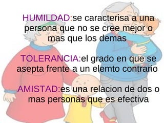 HUMILDAD : se caracterisa a una persona que no se cree mejor o mas que los demas  TOLERANCIA: el grado en que se asepta frente a un elemto contrario  AMISTAD: es una relacion de dos o mas personas que es efectiva 